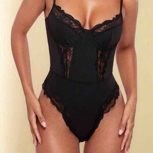 SHEIN Black Lace Trim Bodysuit Teddy